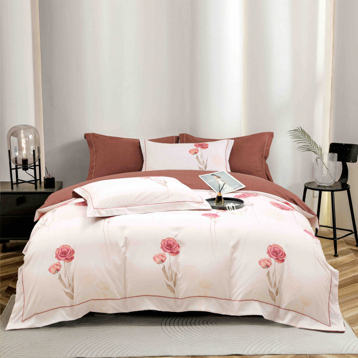 Lenjerie Din Bumbac Tip Finet PREMIUM Luxury Cu Elastic - Trandafiri Caramizii [1]