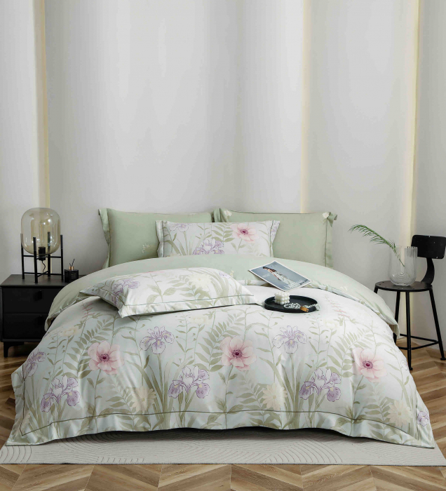 Lenjerie Din Bumbac Tip Finet PREMIUM Luxury Cu Elastic - Verde Cu Floricele [1]