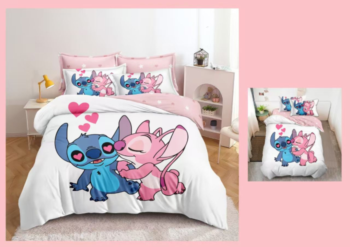 Lenjerie Din Bumbac Tip Finet Premium Pentru Copii 1 Persoana - Stitch Si Angel Pupic [1]