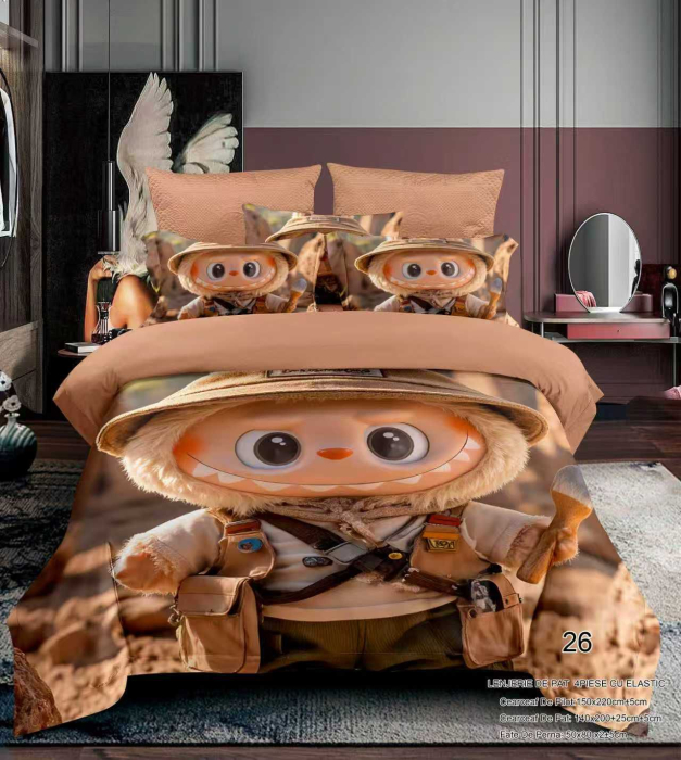 Lenjerie Din Bumbac Tip Finet Premium Pentru Copii Cu Elastic 1 Persoana - Labubu In Expeditie [1]