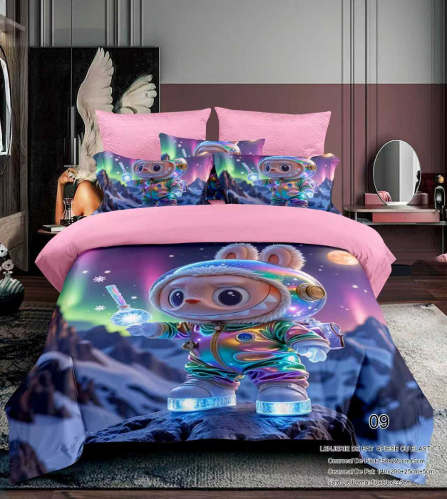 Lenjerie Din Bumbac Tip Finet Premium Pentru Copii Cu Elastic 1 Persoana - Labubu In Munti [1]