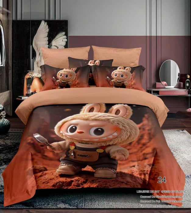 Lenjerie Din Bumbac Tip Finet Premium Pentru Copii Cu Elastic 1 Persoana - Labubu Pe Marte [1]