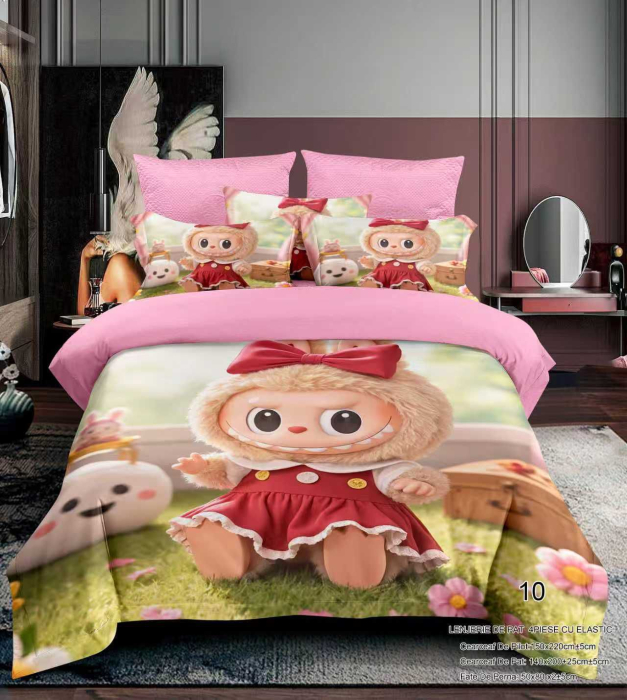 Lenjerie Din Bumbac Tip Finet Premium Pentru Copii Cu Elastic 1 Persoana - Labubu La Joaca [1]