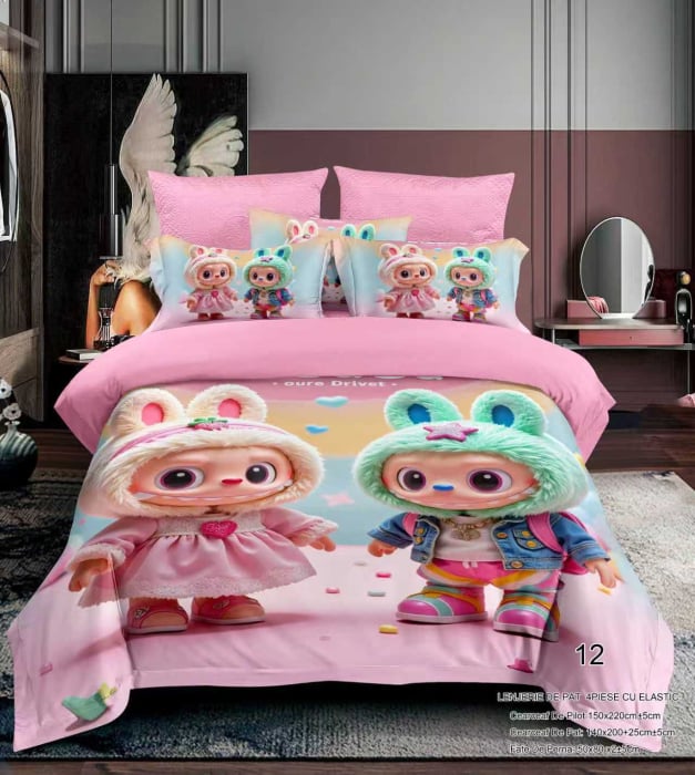 Lenjerie Din Bumbac Tip Finet Premium Pentru Copii Cu Elastic 1 Persoana - Labubu Si Iubita Fericiti [1]