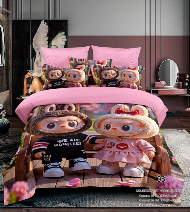 Lenjerie Din Bumbac Tip Finet Premium Pentru Copii Cu Elastic 1 Persoana - Labubu Si Iubita Lui [1]