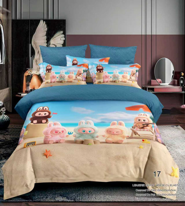Lenjerie Din Bumbac Tip Finet Premium Pentru Copii Cu Elastic 1 Persoana - Labubu Si Prietenii Pe Plaja [1]