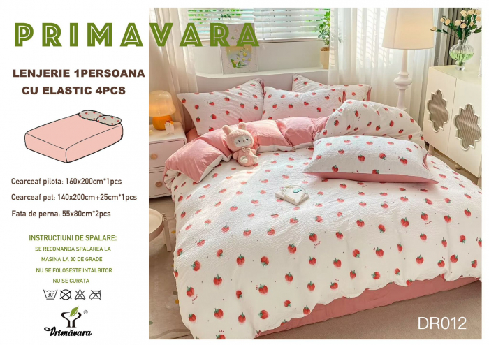 Lenjerie Din Bumbac Tip Finet Textura Creponata 1 Persoana Cu Elastic - Capsunele [1]