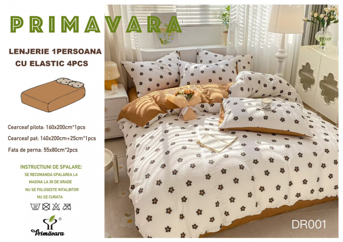 Lenjerie Din Bumbac Tip Finet Textura Creponata 1 Persoana Cu Elastic - Floari Maro [1]