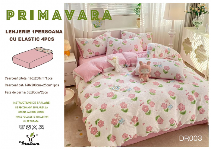 Lenjerie Din Bumbac Tip Finet Textura Creponata 1 Persoana Cu Elastic - Flori si Iepurasi [1]