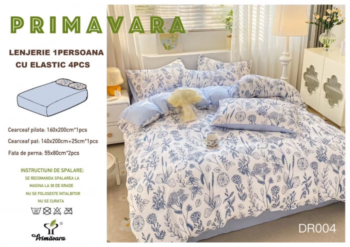 Lenjerie Din Bumbac Tip Finet Textura Creponata 1 Persoana Cu Elastic - Flori Si Portocale [1]