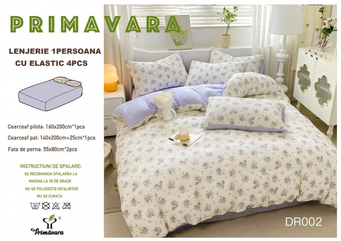 Lenjerie Din Bumbac Tip Finet Textura Creponata 1 Persoana Cu Elastic - Floricele Mici [1]