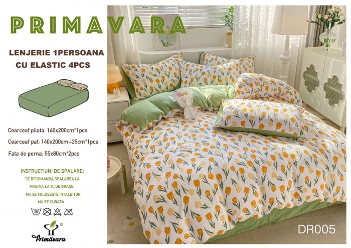 Lenjerie Din Bumbac Tip Finet Textura Creponata 1 Persoana Cu Elastic - Lalele [1]