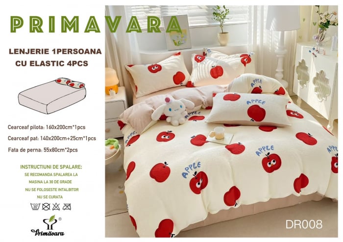Lenjerie Din Bumbac Tip Finet Textura Creponata 1 Persoana Cu Elastic - Marul Rosu [1]