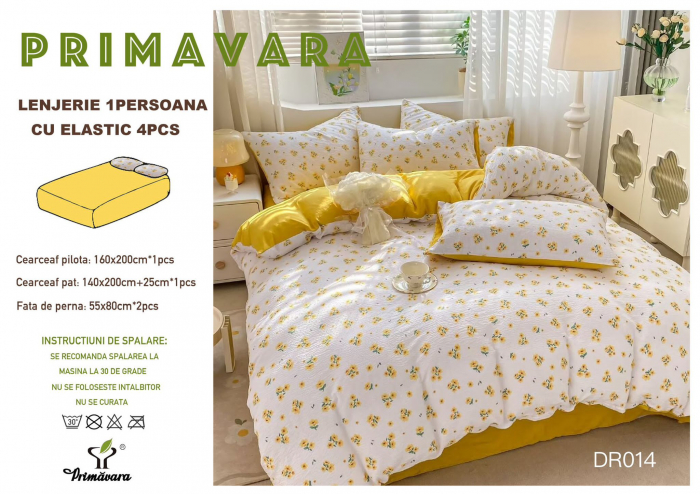 Lenjerie Din Bumbac Tip Finet Textura Creponata 1 Persoana Cu Elastic - Mici Floricele [1]