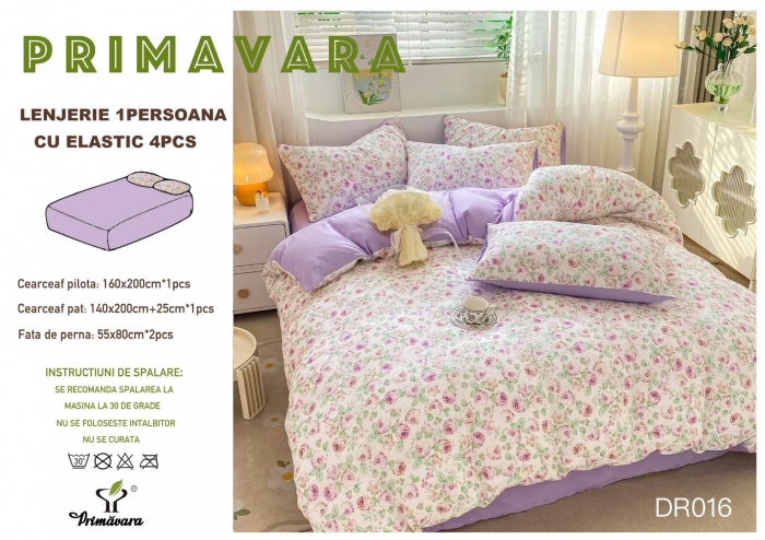Lenjerie Din Bumbac Tip Finet Textura Creponata 1 Persoana Cu Elastic - Trandafiri [1]