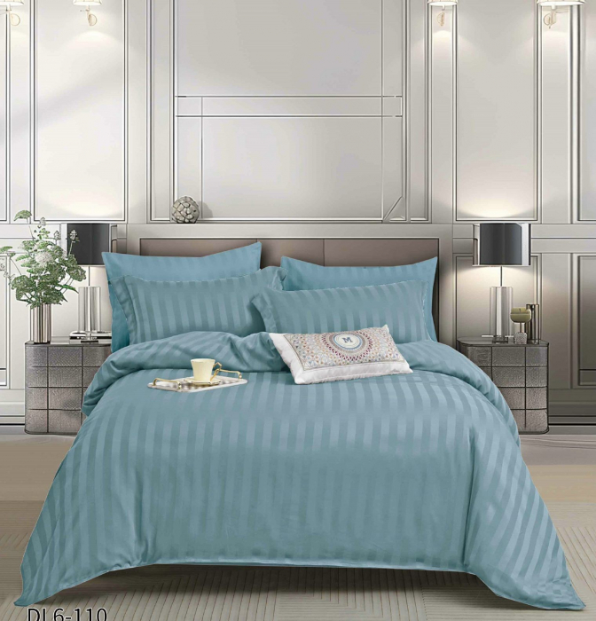 Lenjerie Din Damasc Satinat Cu Elastic 6 Piese - Bleu Azur [1]