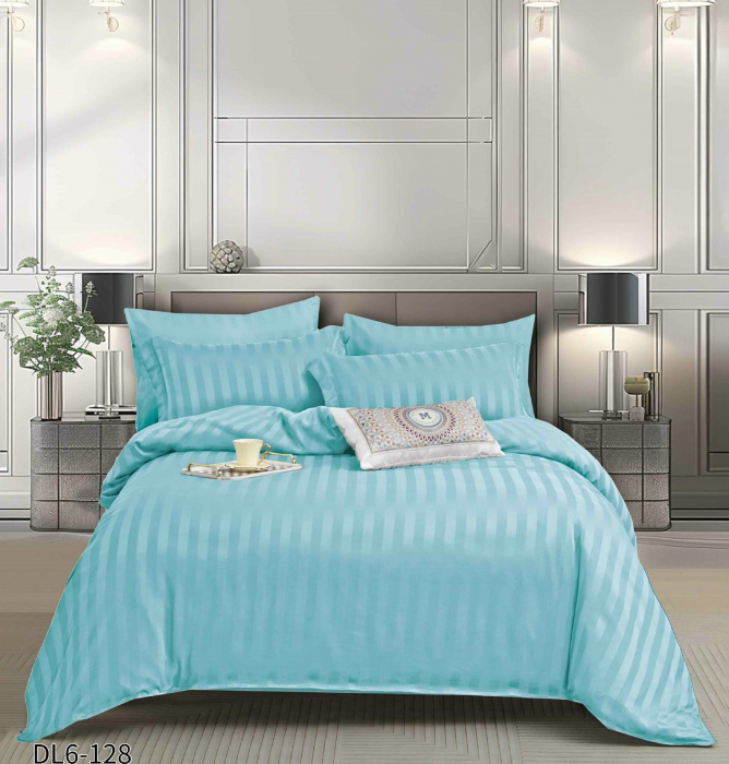 Lenjerie Din Damasc Satinat Cu Elastic 6 Piese - Bleu Deschis [1]