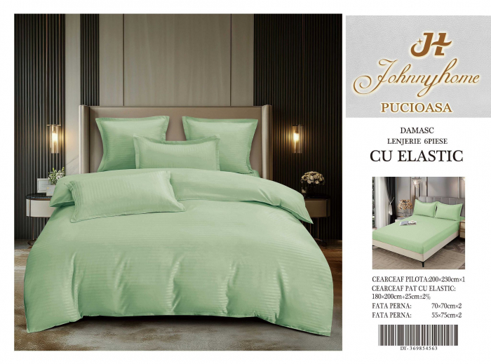 Lenjerie Din Damasc Satinat Cu Elastic 6 Piese - Verde Fistic [2]