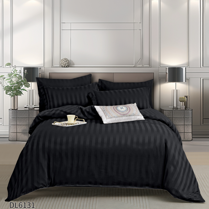 Lenjerie Din Damasc Satinat Cu Elastic 6 Piese - Negru [1]