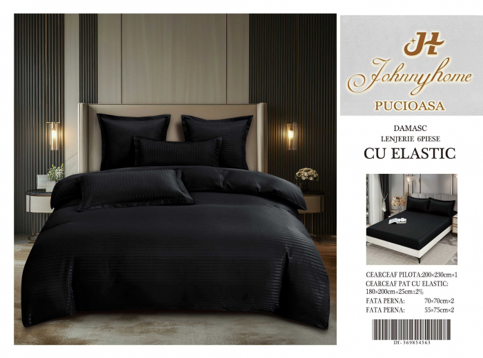 Lenjerie Din Damasc Satinat Cu Elastic 6 Piese - Negru [2]