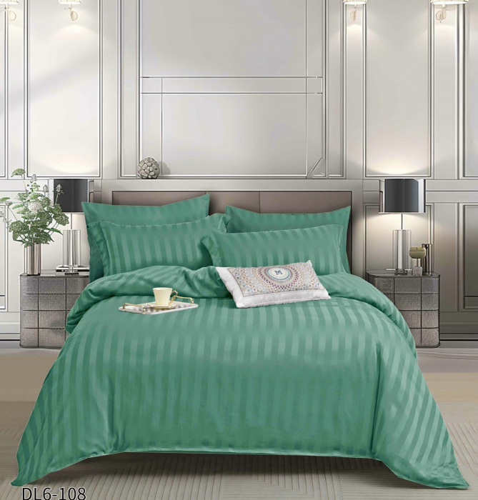 Lenjerie Din Damasc Satinat Cu Elastic 6 Piese - Verde [1]
