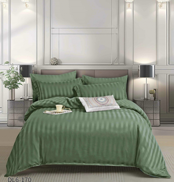 Lenjerie Din Damasc Satinat Cu Elastic 6 Piese - Verde Inchis [1]