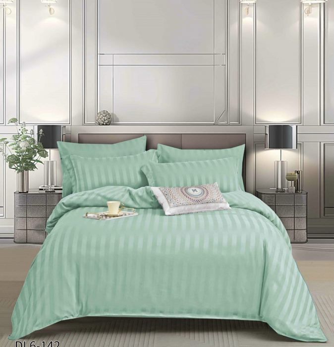 Lenjerie Din Damasc Satinat Cu Elastic 6 Piese - Verde Pal [1]