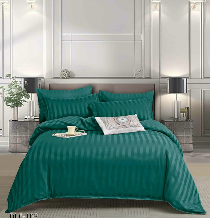 Lenjerie Din Damasc Satinat Cu Elastic 6 Piese - Verde Smarald [1]