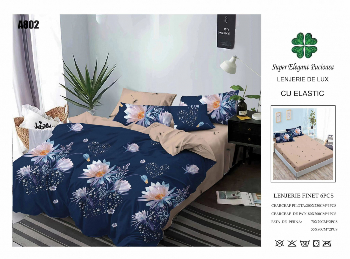 Lenjerie Din Finet Cu Elastic - Bej/Bleumarin Flori Albe [1]