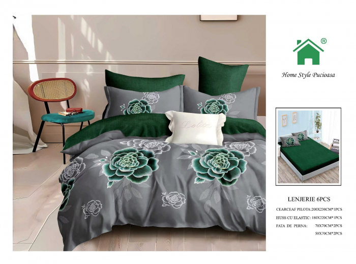 Lenjerie De Pat Finet Cu Elastic - Flori Verde Smarald [1]