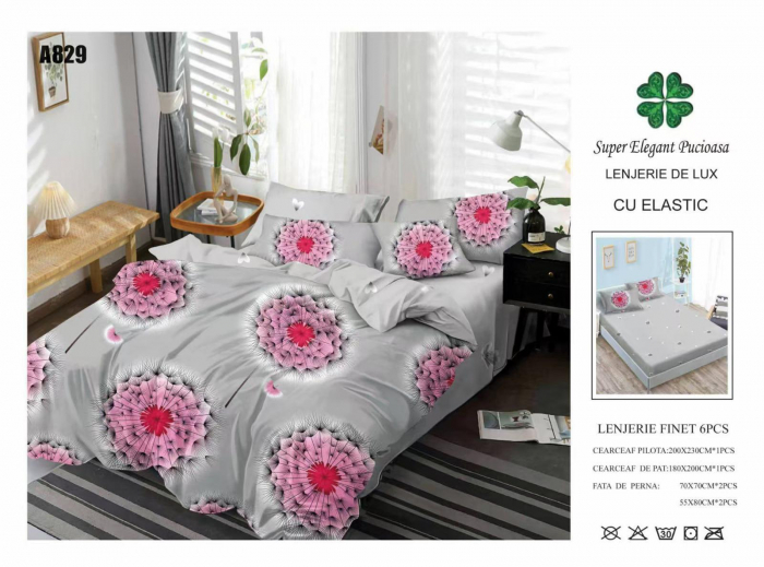Lenjerie Din Finet Cu Elastic - Gri Cu Papadii Roz [1]