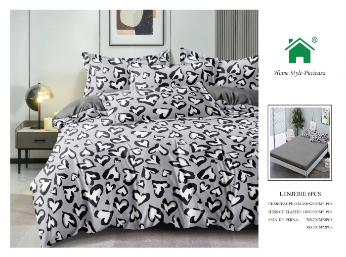 Lenjerie De Pat Finet Cu Elastic - Gri Cu Print Inimioare [1]