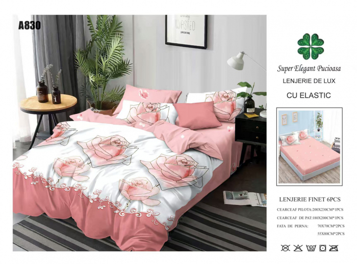 Lenjerie Din Finet Cu Elastic - Trandafiri Roz Pictati [1]