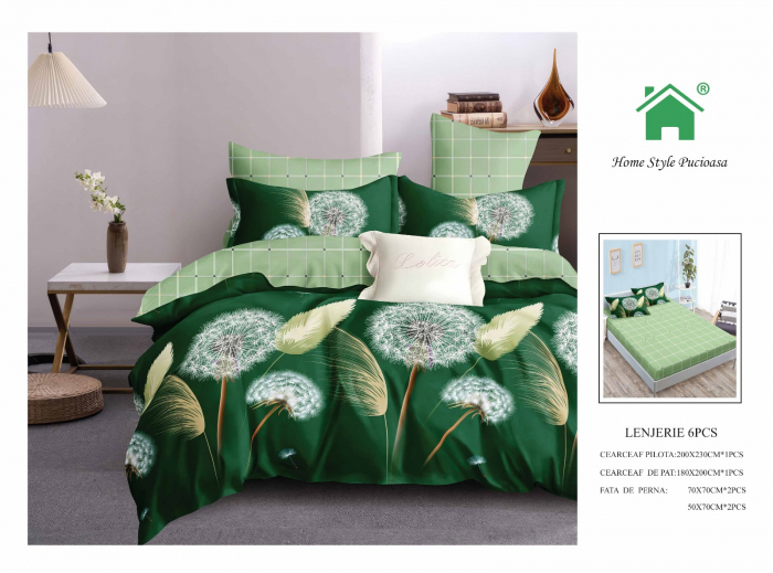 Lenjerie De Pat Finet Cu Elastic - Verde Papadii Si Stuf [1]