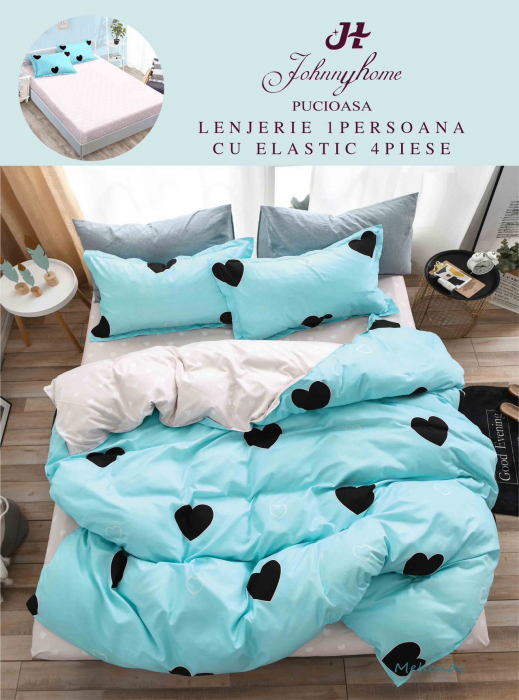 Lenjerie Din Finet Satinat 1 Persoana Cu Elastic - Bleu Inimioare Negre [1]
