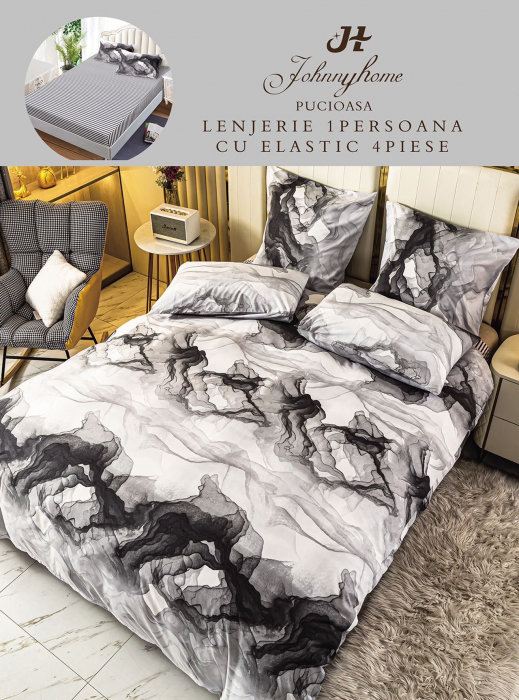 Lenjerie Din Finet Satinat 1 Persoana Cu Elastic - Marmorat [1]