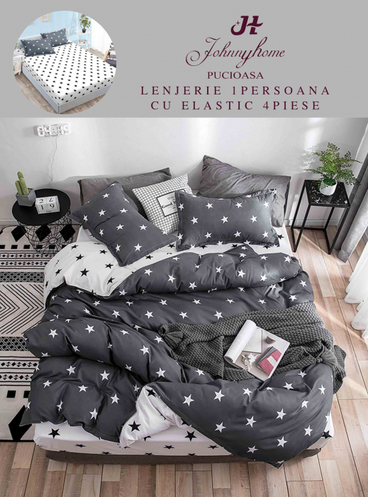 Lenjerie Din Finet Satinat 1 Persoana Cu Elastic - Stele Albe [1]