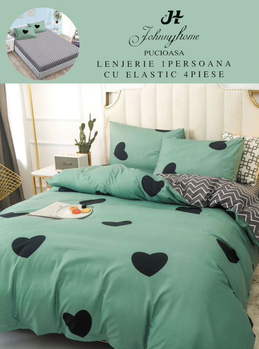 Lenjerie Din Finet Satinat 1 Persoana Cu Elastic - Verde Inimioare Negre [1]