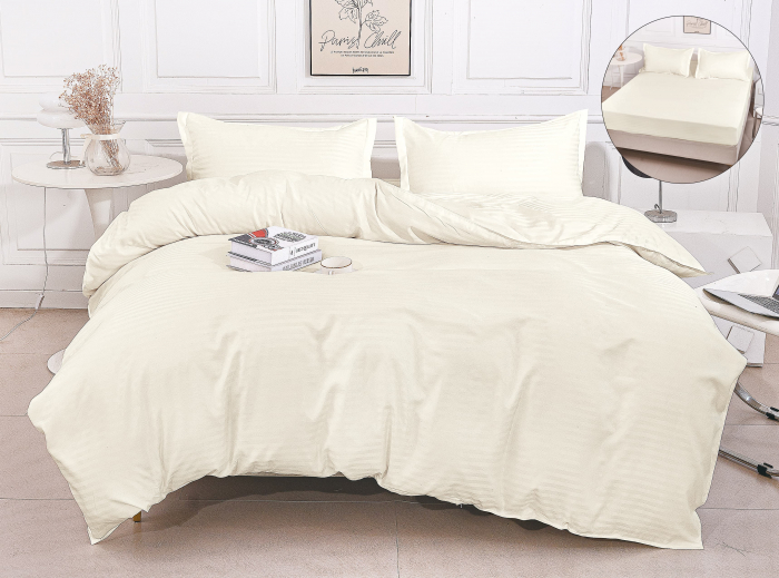 Lenjerie Damasc Satinat Subtire 4 Piese Cu Elastic - Crem Deschis [1]