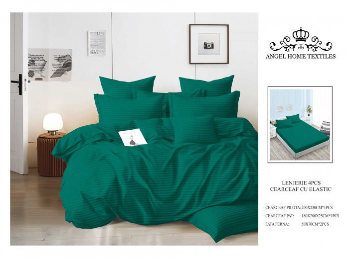 Lenjerie Din Finet Satinat Tip Damasc Cu Elastic - Verde Smarald [1]