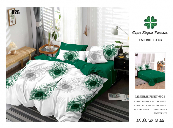 Lenjerii De Pat Din Finet 6 Piese - Alb Cu Frunza Verde [1]