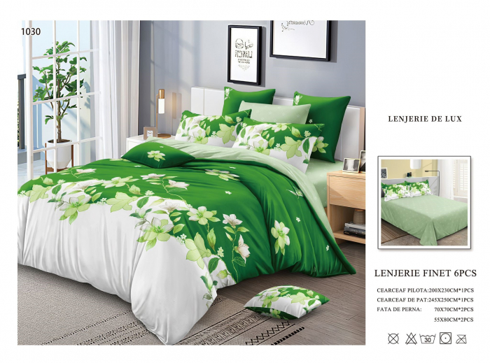 Lenjerii De Pat Din Finet 6 Piese - Alb/Verde [1]