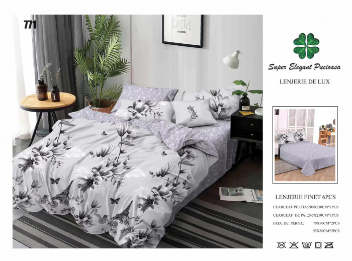 Lenjerii De Pat Din Finet 6 Piese - Gri Cu Floricele Si Turnul Eiffel [1]