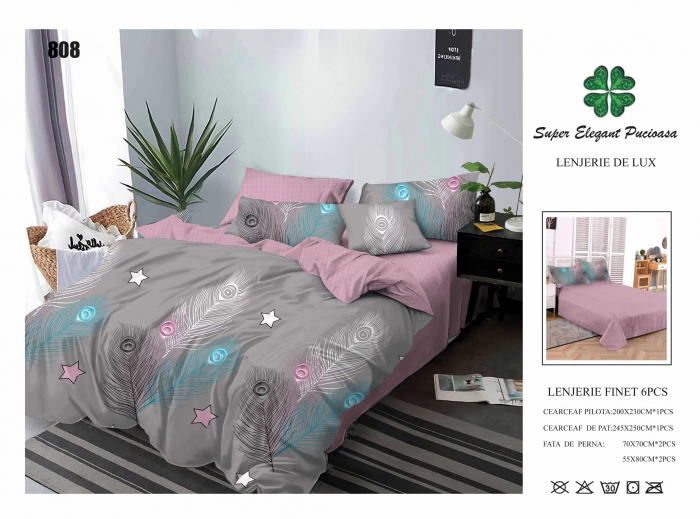 Lenjerii De Pat Din Finet 6 Piese - Gri/Roz [1]