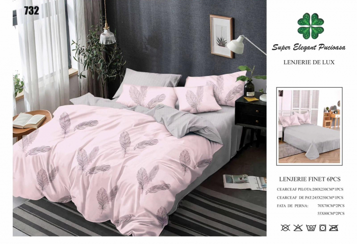 Lenjerii De Pat Din Finet 6 Piese - Gri/Roz Cu Pene [1]