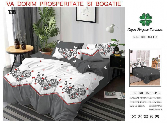 Lenjerii De Pat Din Finet 6 Piese - Inimioare Si Fluturasi Gri [1]