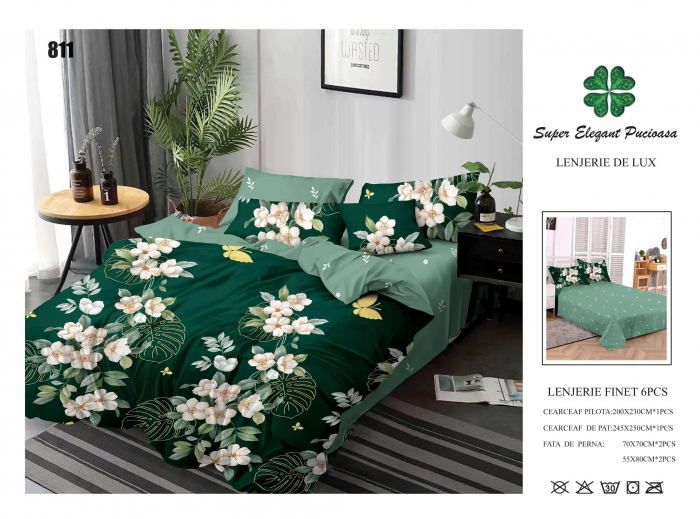 Lenjerii De Pat Din Finet 6 Piese - Verde Cu Floricele [1]