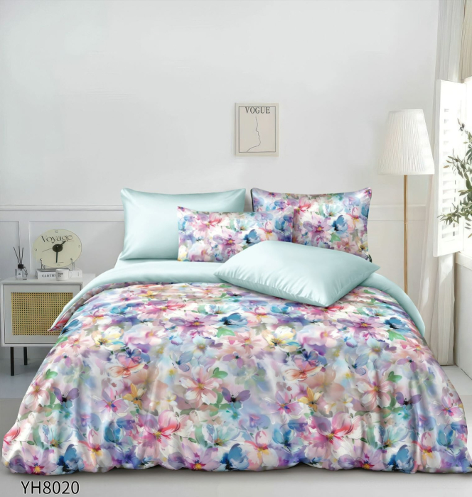 Lenjerii De Pat Din Satin Premium 4 Piese Cu Elastic - Baby Blue Cu Flori [1]