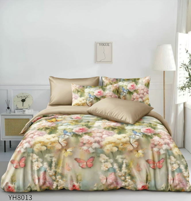 Lenjerii De Pat Din Satin Premium 4 Piese Cu Elastic - Bej Cu Flori Si Fluturi [1]