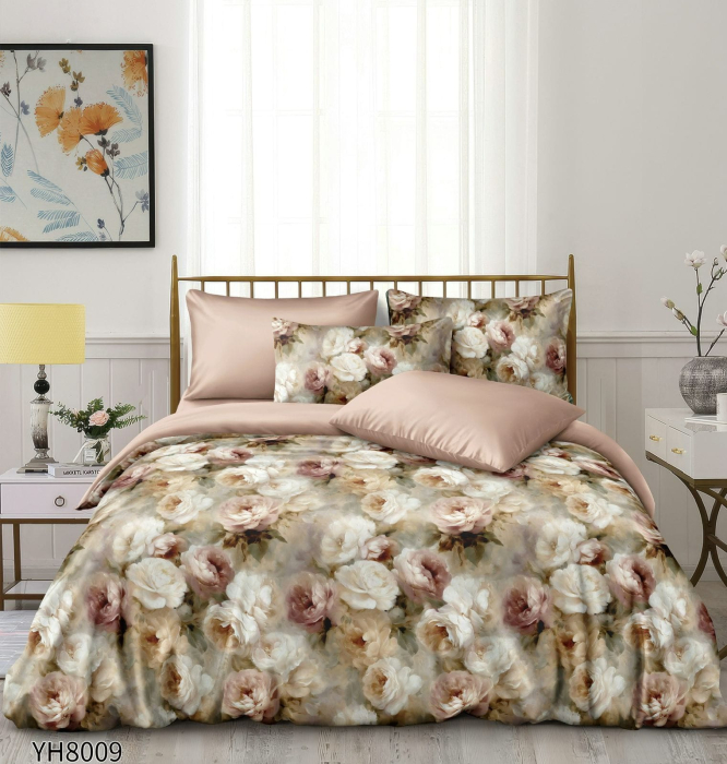 Lenjerii De Pat Din Satin Premium 4 Piese Cu Elastic - Bej Deschis Cu Flori [1]